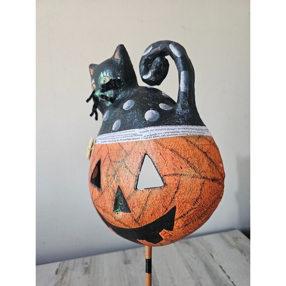 Halloween shabby chic cat pumpkin face mask hanging unique paper mache decor - Picture 5 of 11